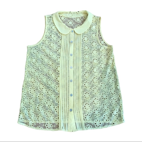 Yellow Eyelet Peter Pan Collar Sleeveless Blouse - Picture 2 of 7